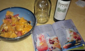 Oranges, Plums, Green Apples, Merlot & flavored selzer water